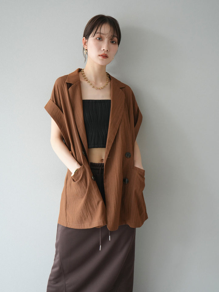 [SET]リネンライクノースリーブダブルジレ+ウェーブパイピングカップ付ベアキャミソール(2set)