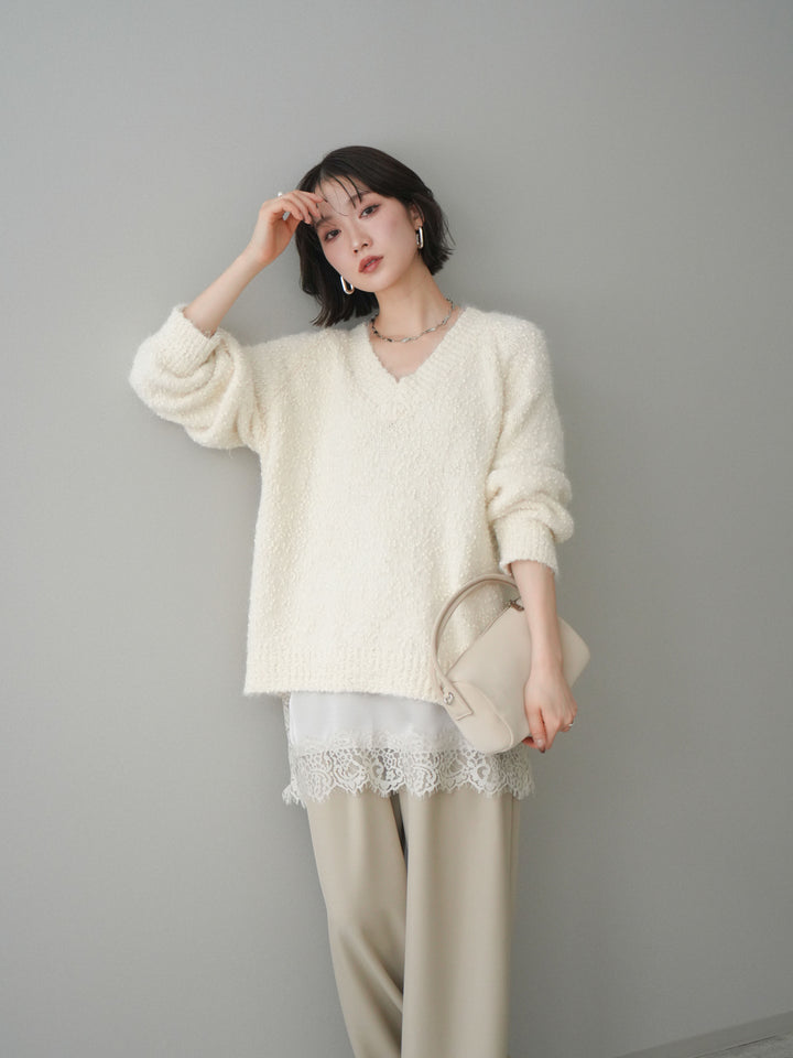 [SET]Vネックスラブニットプルオーバー+選べるアクセセット(2set)