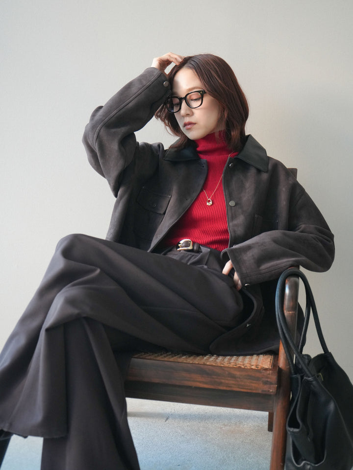 [SET]襟レザーステンカラースエードジャケット+袖ボタンボトルネックリブニットトップス+ベルトループデザインワイドパンツ(3set)