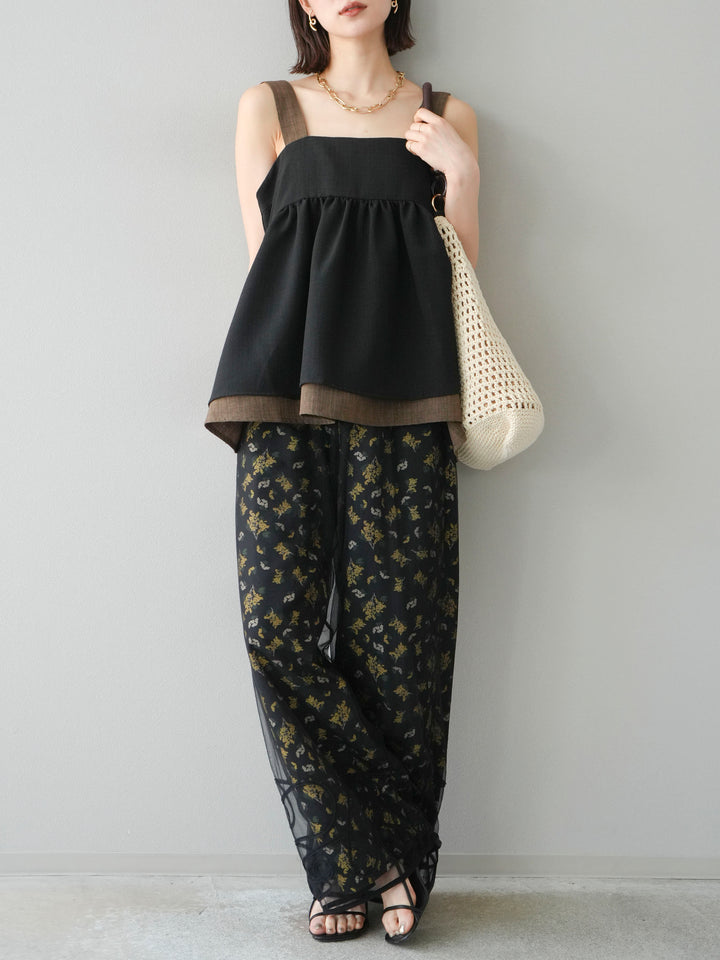 [予約]リネンライク配色フレアタンクトップ/ブラック