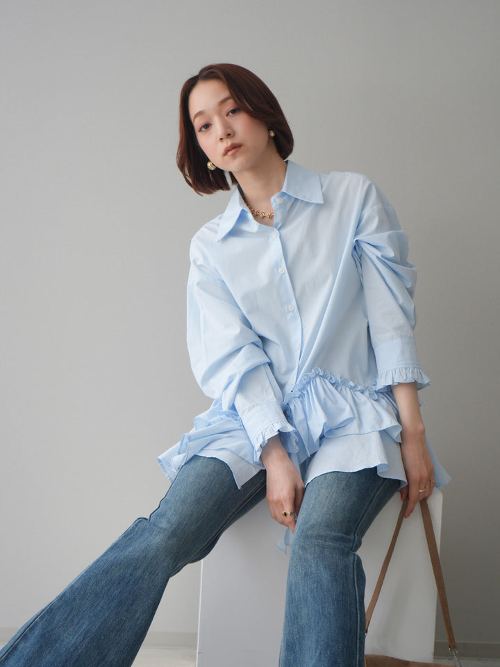 [SET]ラッフルデザインティアードブラウス+ハイウエストフレアデニムパンツ(2set)