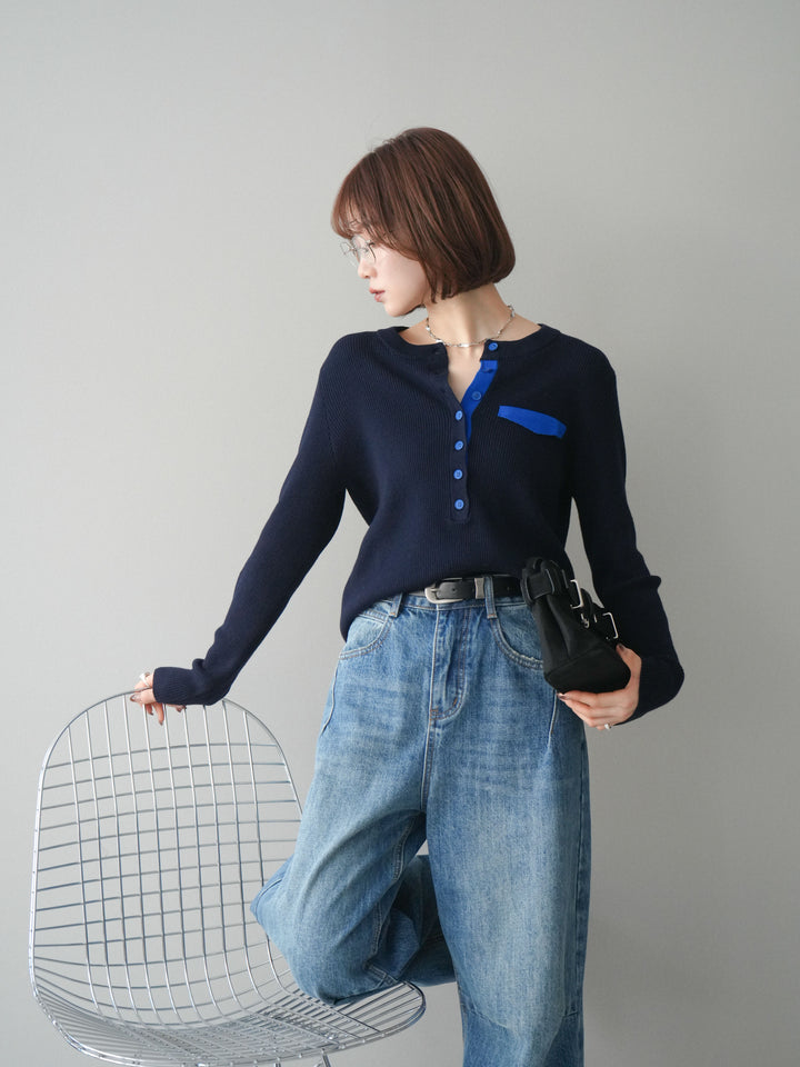 [予約]バイカラーデザインポケット配色ヘンリーネックニットソー/navy