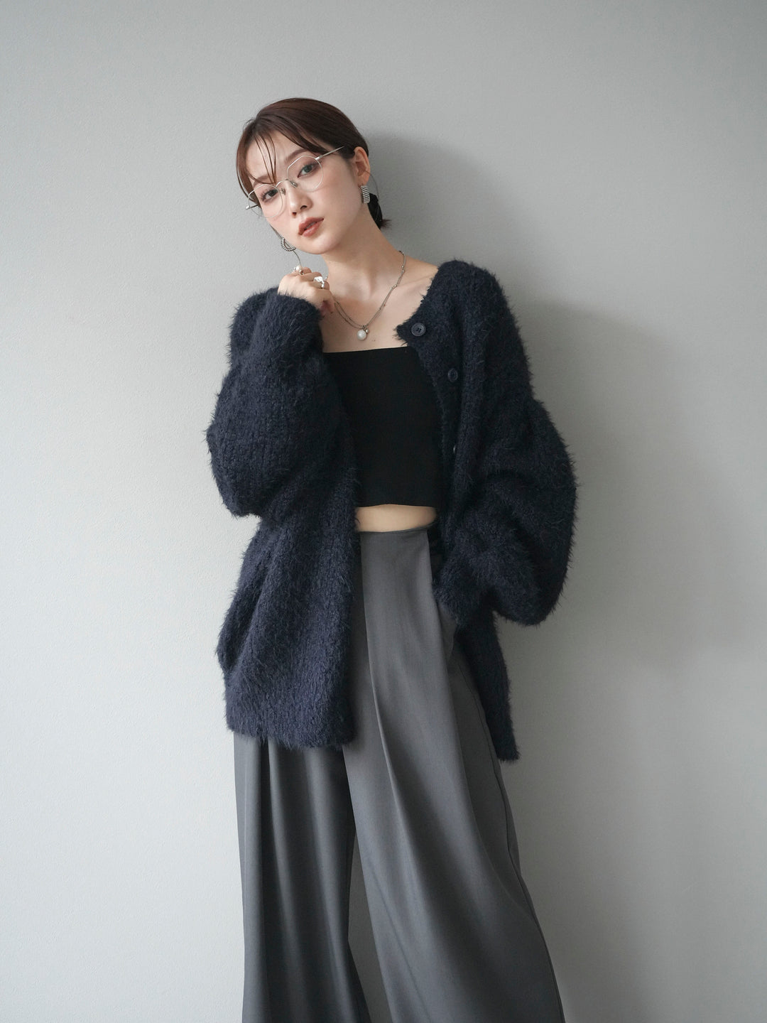 [SET]クルーネックランダムシャギーカーディガン+ベルトループデザインワイドパンツ(2set)