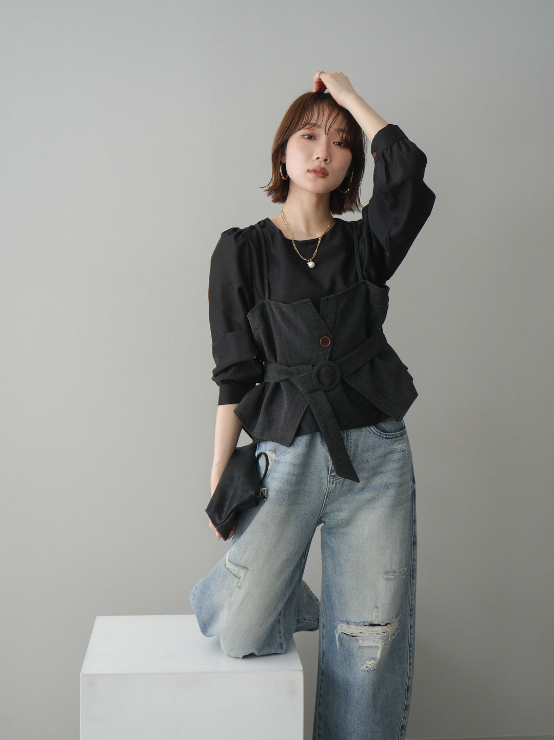 [予約]異素材ビスチェドッキングブラウス/black