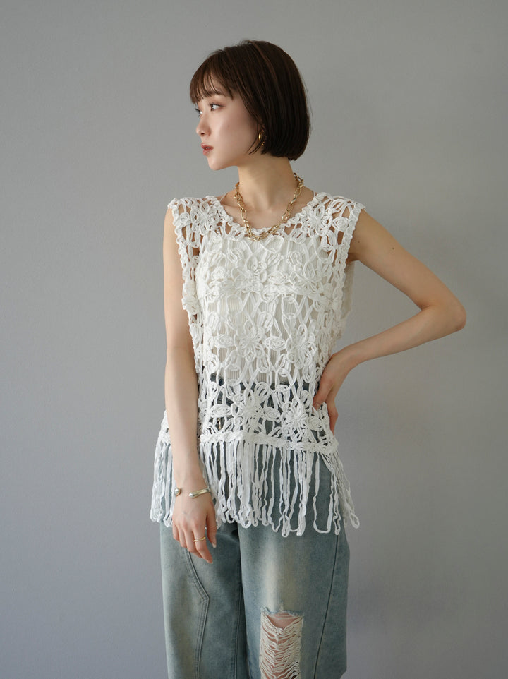 [Pre-order] Crochet sleeveless fringe top/off