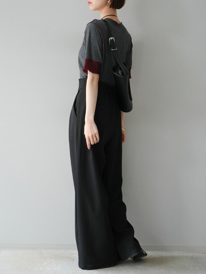 [SET] 百褶同色船領套頭衫 + 拉鍊褶襉寬褲 (2 套)