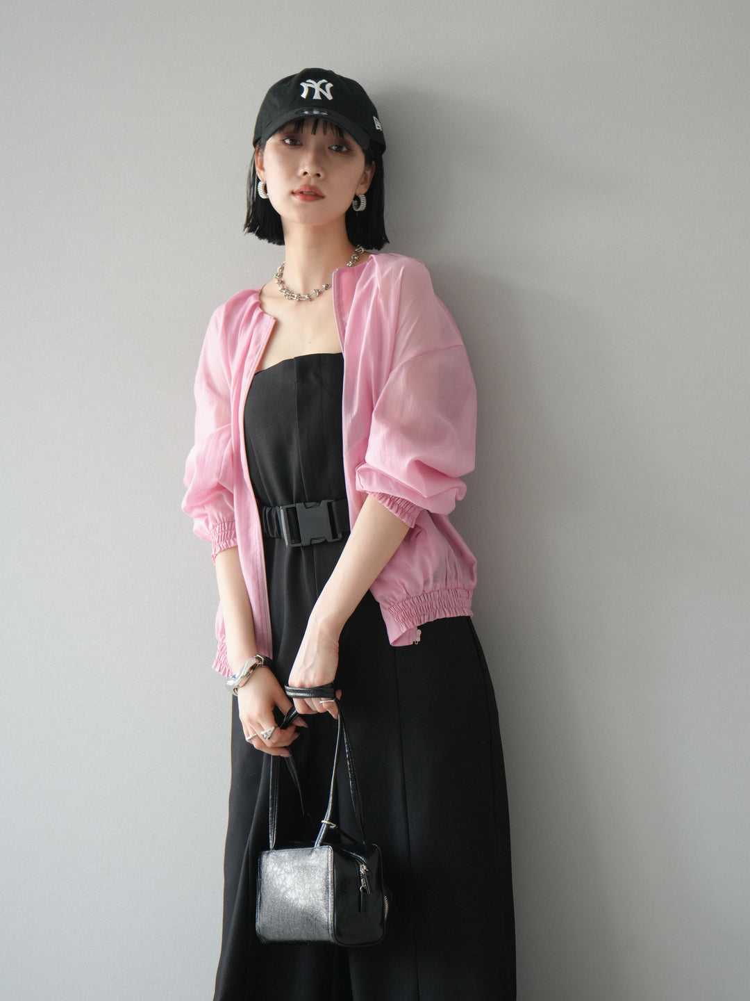 [SET]タックデザインシアーブルゾン+ヘザーツイルベルト付ベアサロペット(2set)