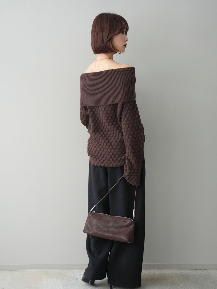 [SET]ポコポコ編みオフショルニットプルオーバー+ベルト付起毛コクーンパンツ(2set)