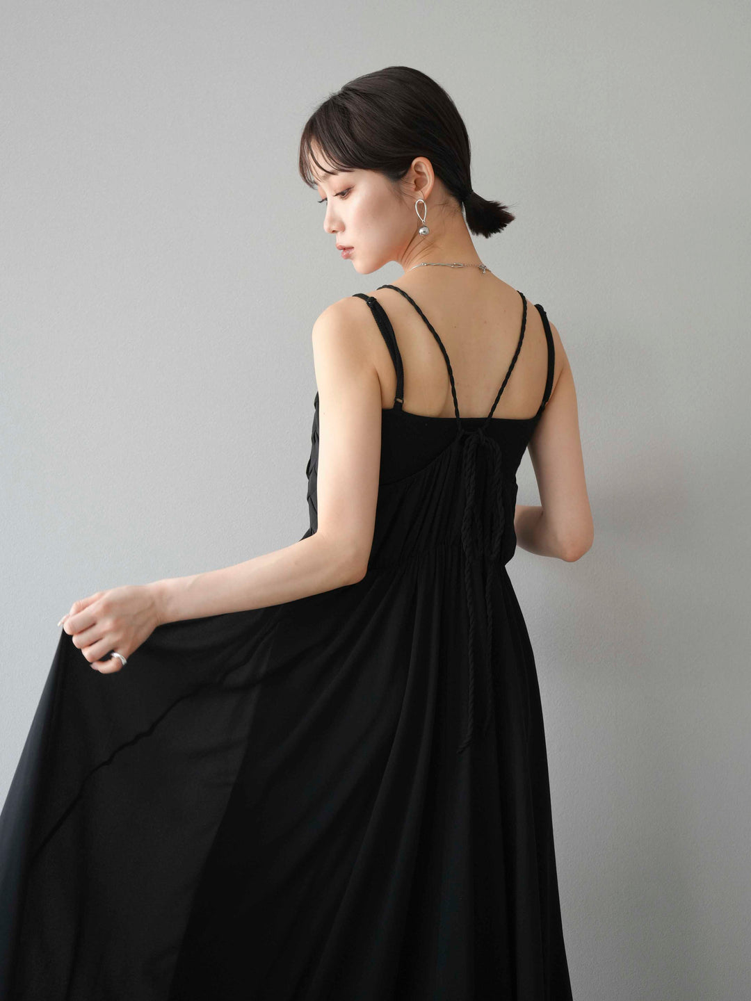 [予約]編み込みデザインシフォンワンピース/ブラック