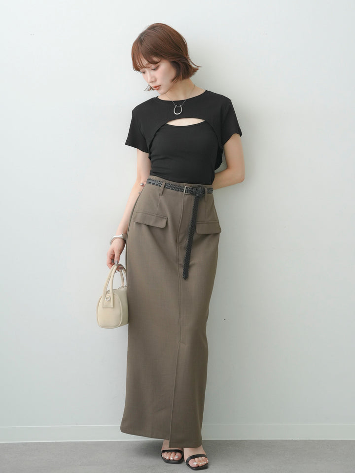 [SET]フロントオープンレイヤードトップスセット+クレープデシンフラップ付きストレートスカート(2set)