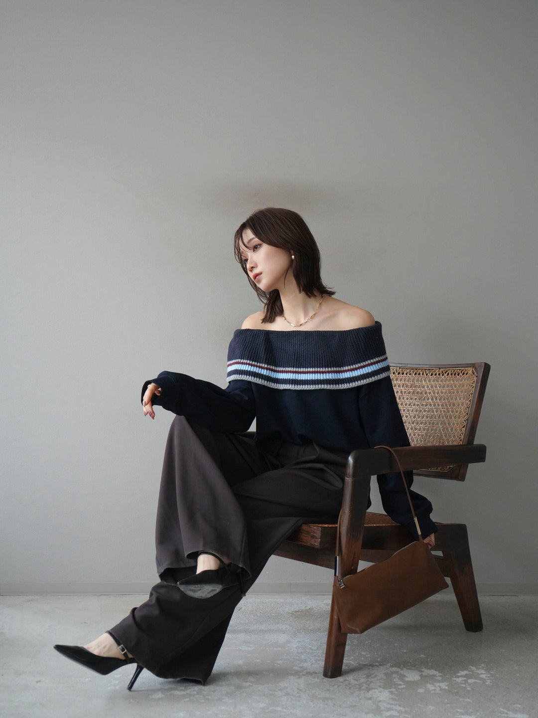 [予約]ボーダーニットオフショルダーxスウェットプルオーバー/navy