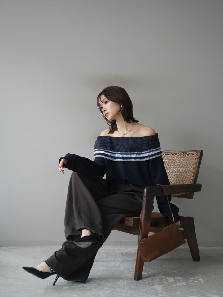 [予約]ボーダーニットオフショルダーxスウェットプルオーバー/navy