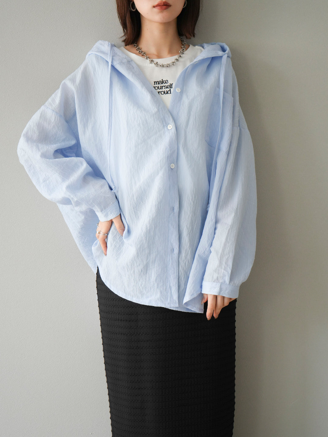 [予約]ワッシャーストライプフーディーシャツ/ブルー