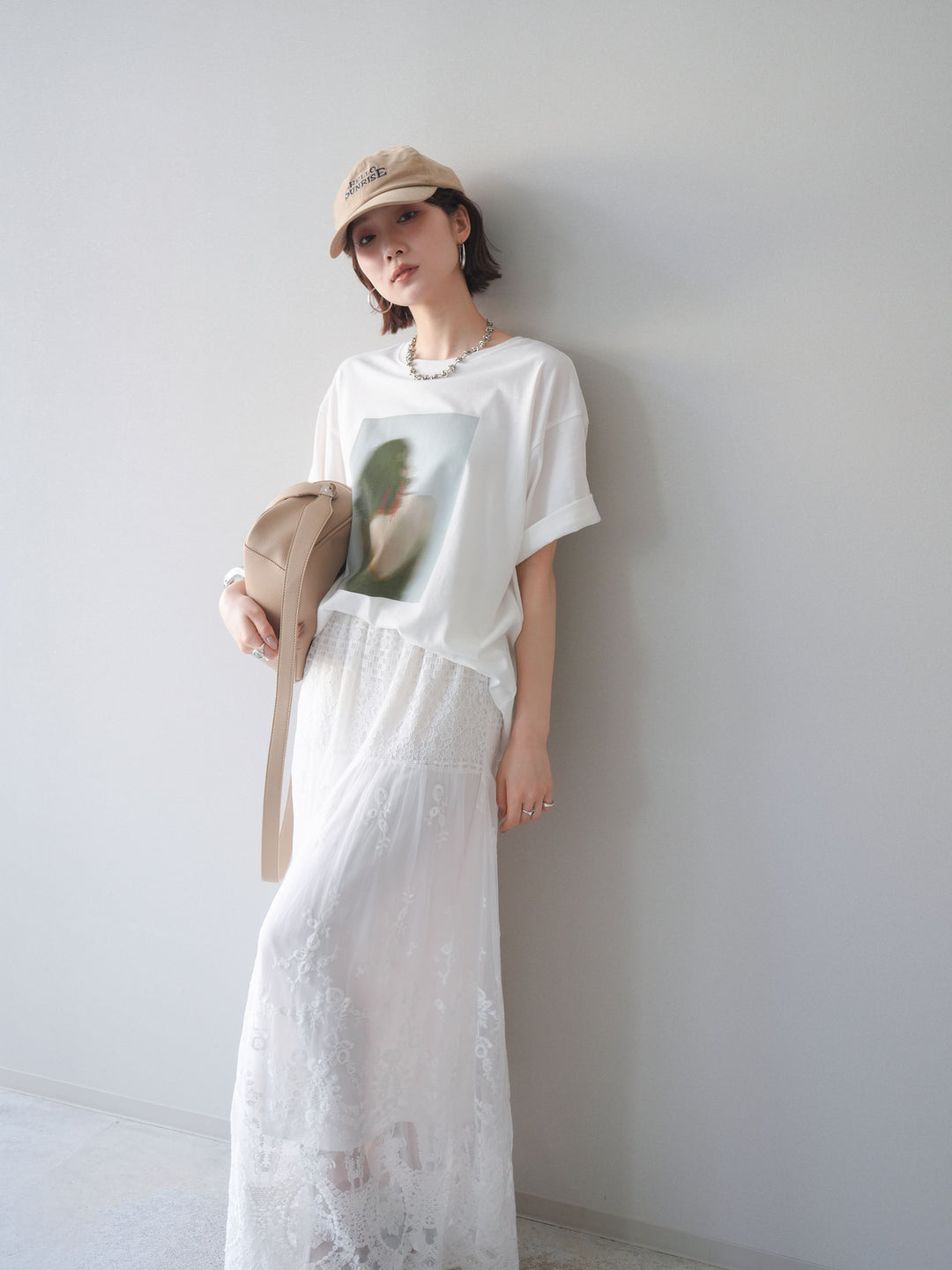 [SET]ブラーアートフォトTシャツ+シアーレースマキシスカート(2set)