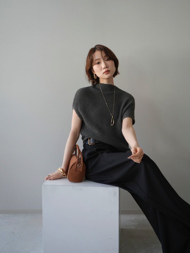 [SET]アシンメトリーローゲージニットトップス+アシンメトリーベルトタックワイドパンツ(2set)