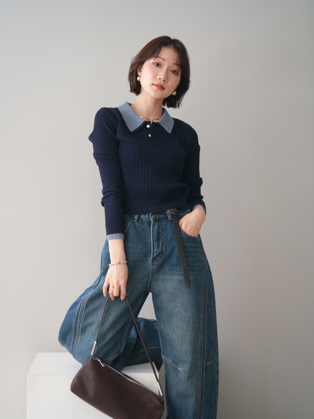[予約]ダブル襟ポロリブニットトップス/navy