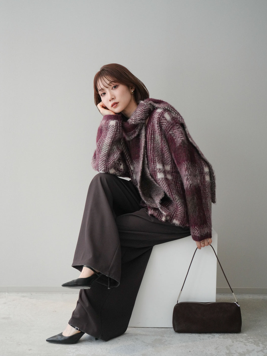 [SET]ストール付シャギーチェックニットプルオーバー+ベルトループデザインワイドパンツ(2set)