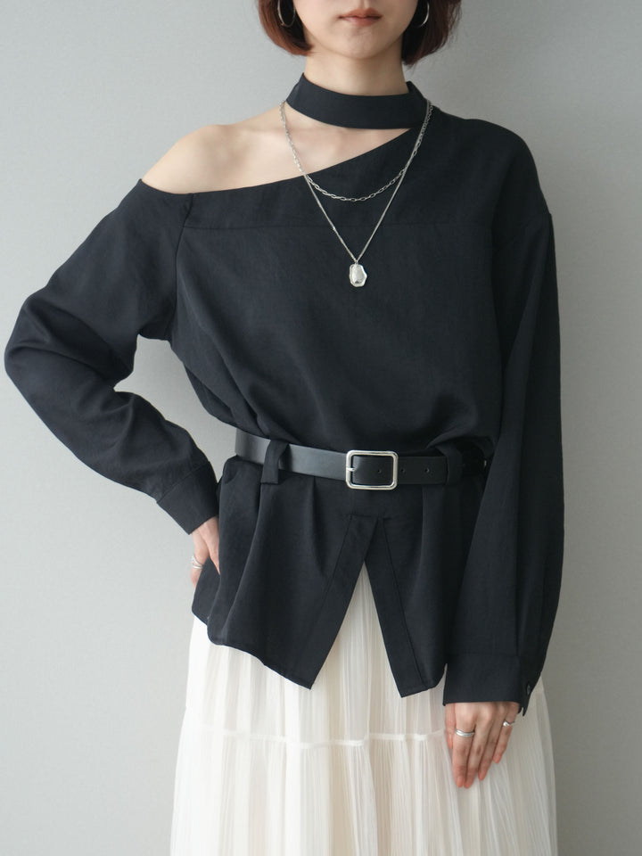 [SET]ベルト付ワンショルダースリットブラウス+ベルト付ワンショルダースリットブラウス(2set)