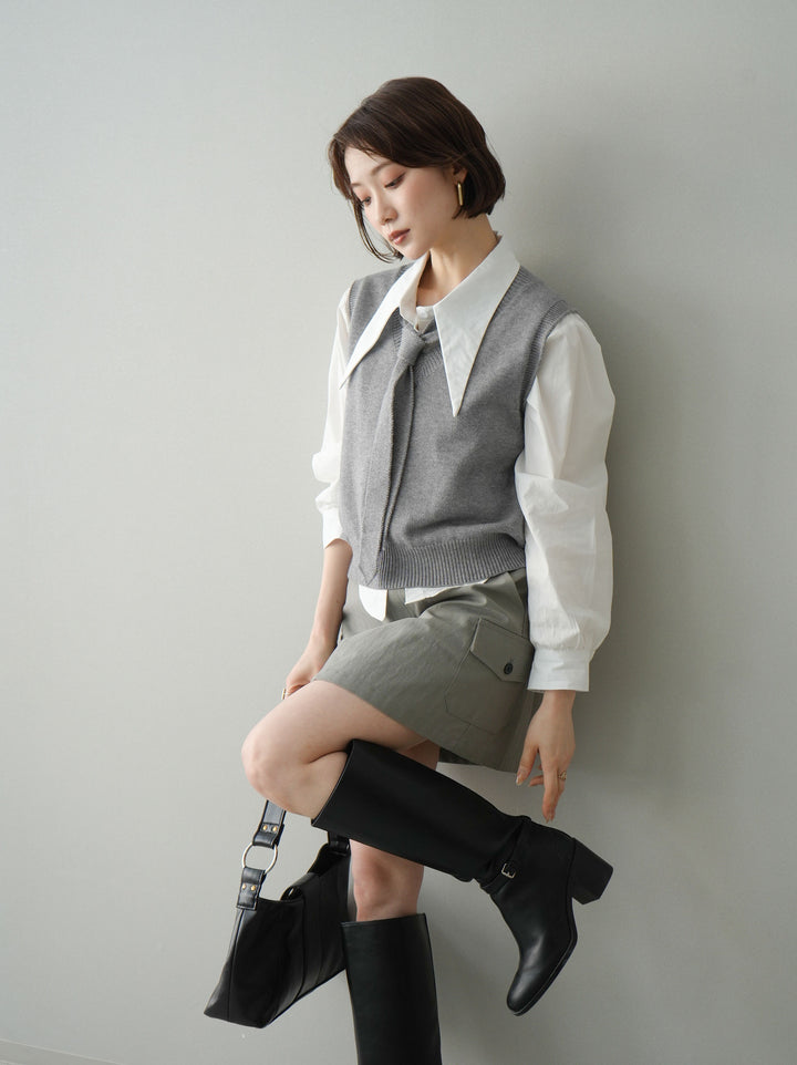 【套裝】蝴蝶結針織背心套裝襯衫+繫帶工裝迷你裙（兩件組）