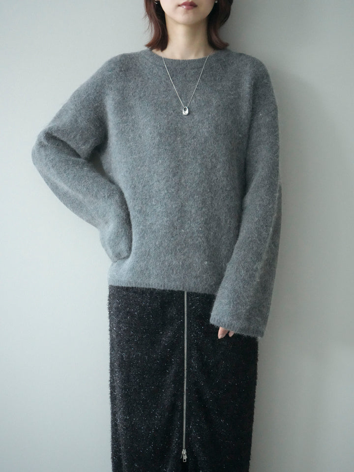 [SET]アンゴラタッチクルーネックニットプルオーバー+ラメシャギーフロントジップスカート(2set)