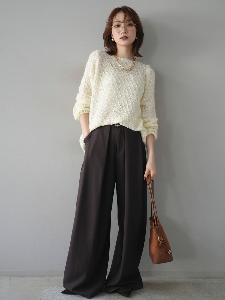 【着回しセット】[SET]求心柄クロップドニットカーディガン+異素材ミックスヤーンニットプルオーバー+ベルトループデザインワイドパンツ(3set)