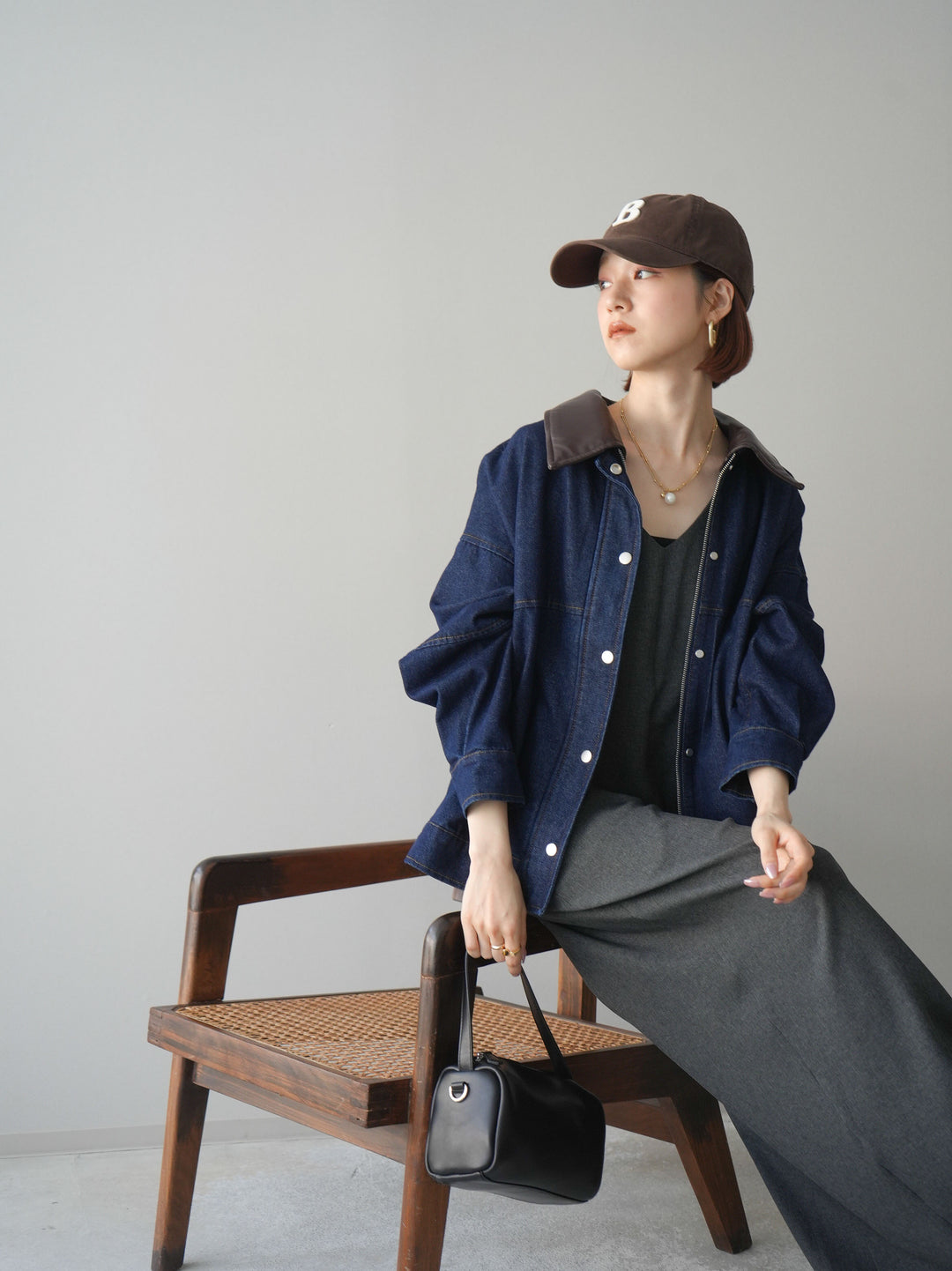 [予約]配色襟レザーデニムブルゾン/indigo