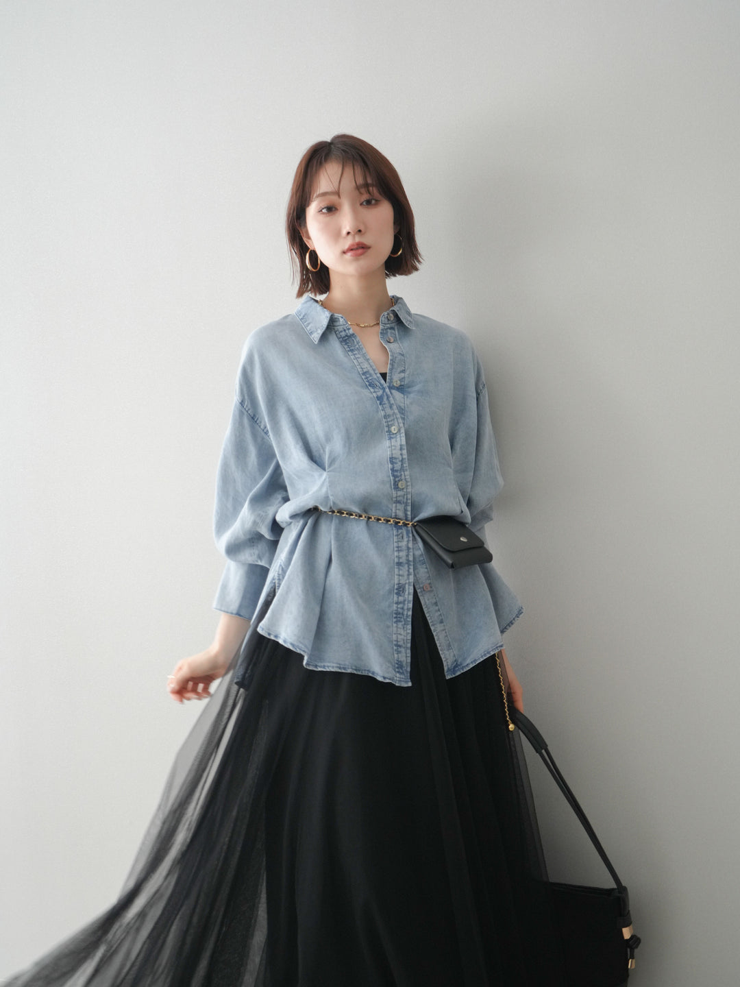 [SET]テンセルデニムタックシャツ+チュールボリュームスカート(2set)