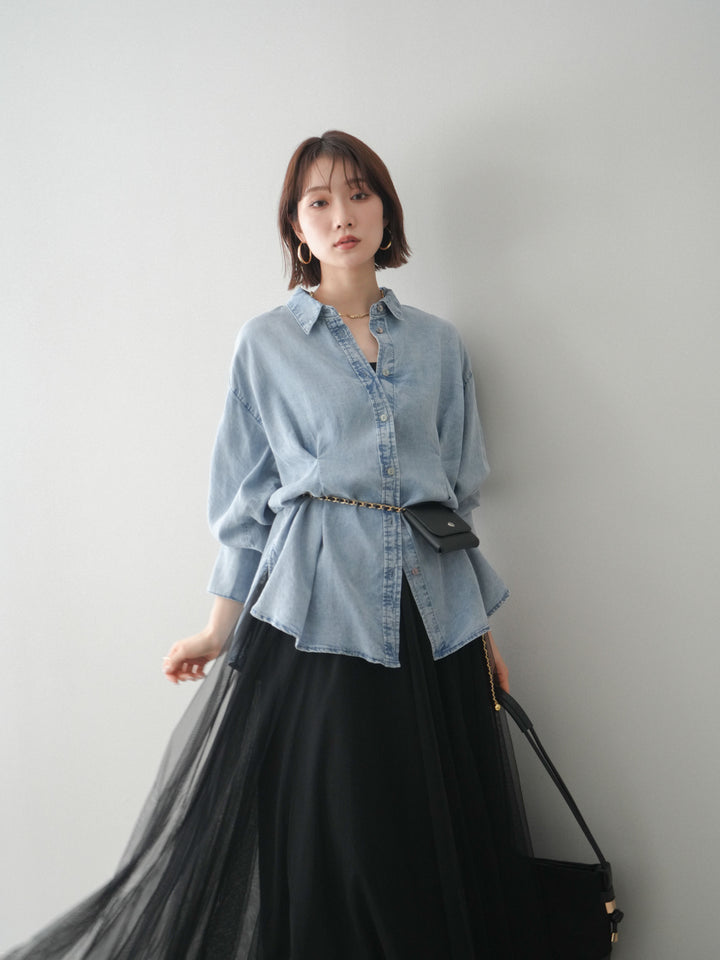 [SET]テンセルデニムタックシャツ+チュールボリュームスカート(2set)