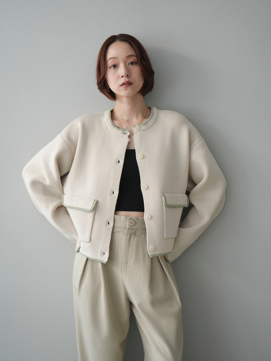 [SET]ポリエステル配色ニットカーディガン+ウエストレースタックワイドパンツ(2set)