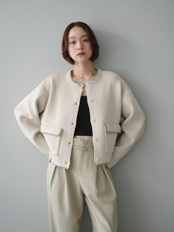 [SET]ポリエステル配色ニットカーディガン+ウエストレースタックワイドパンツ(2set)