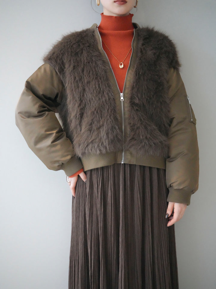 [SET]ファードッキングMA-1+袖ボタンボトルネックリブニットトップス+裾レーススウェードプリーツマキシスカート(3set)