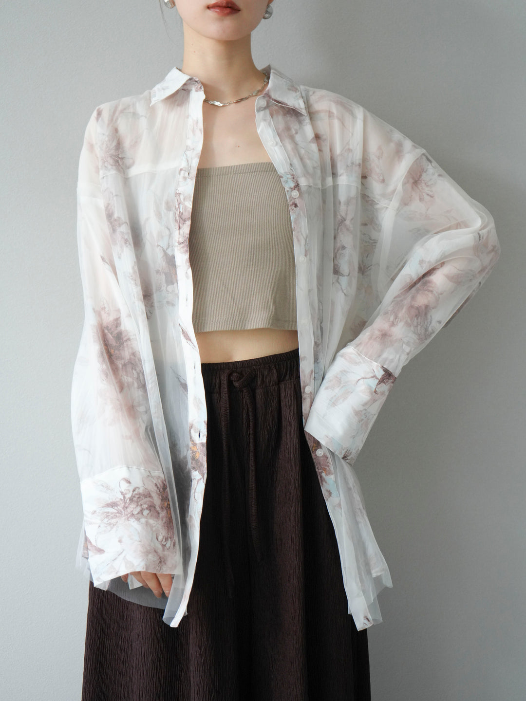 [予約]チュールドッキングフラワー柄オーバーサイズシャツ/オフ