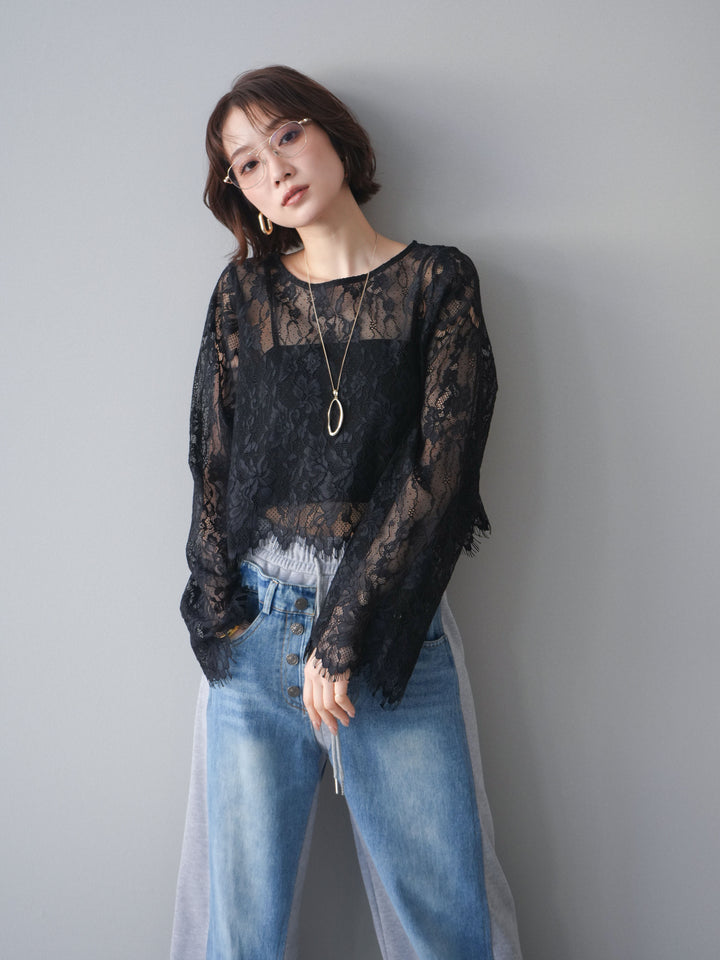 [SET]2WAYスリーブレーストップス+デニム切替スウェットパンツ(2set)