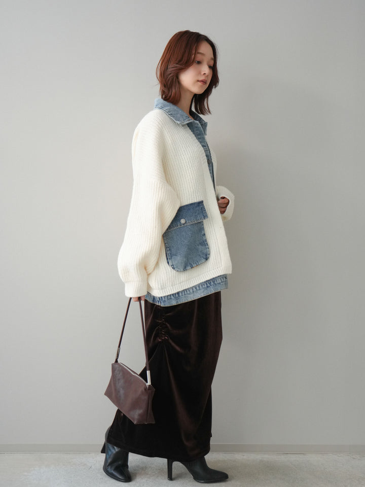 [SET]デニムドッキングオーバーニットジャケット+ギャザーベロアスカート(2set)