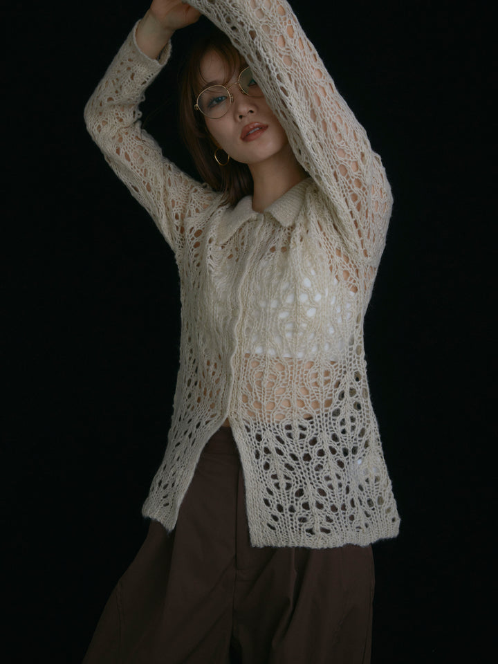 【Allure】[SET]ローゲージ透かし編みポロニッカーディガン+ローゲージ透かし編みポロニッカーディガン(2set)