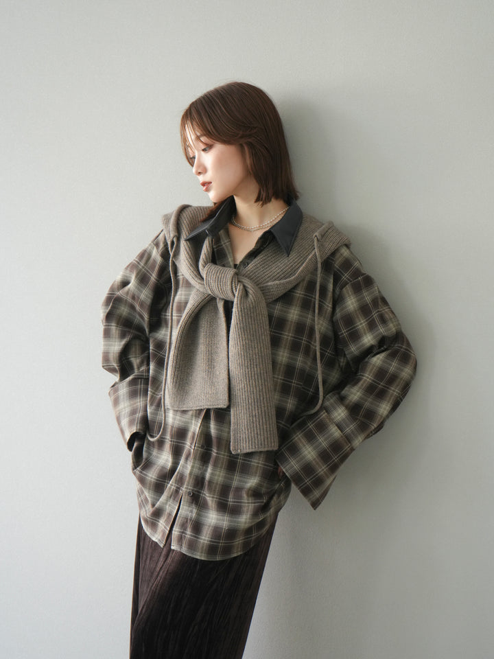 [SET]レザー襟オンブレチェックオーバーシャツ +クラッシュベロアナロースカート(2set)