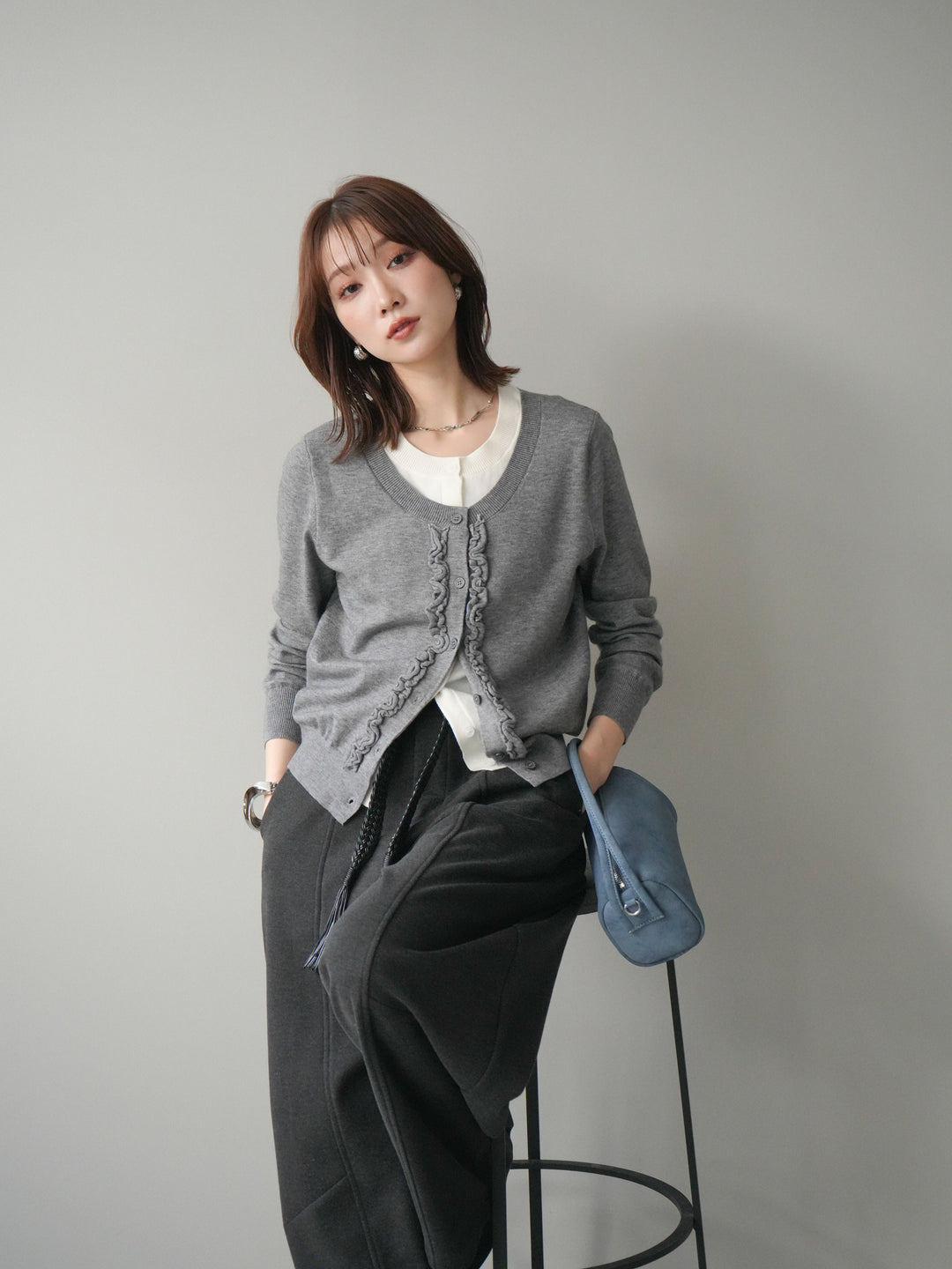 [予約]配色レイヤードフリルデザインニットカーディガン/gray