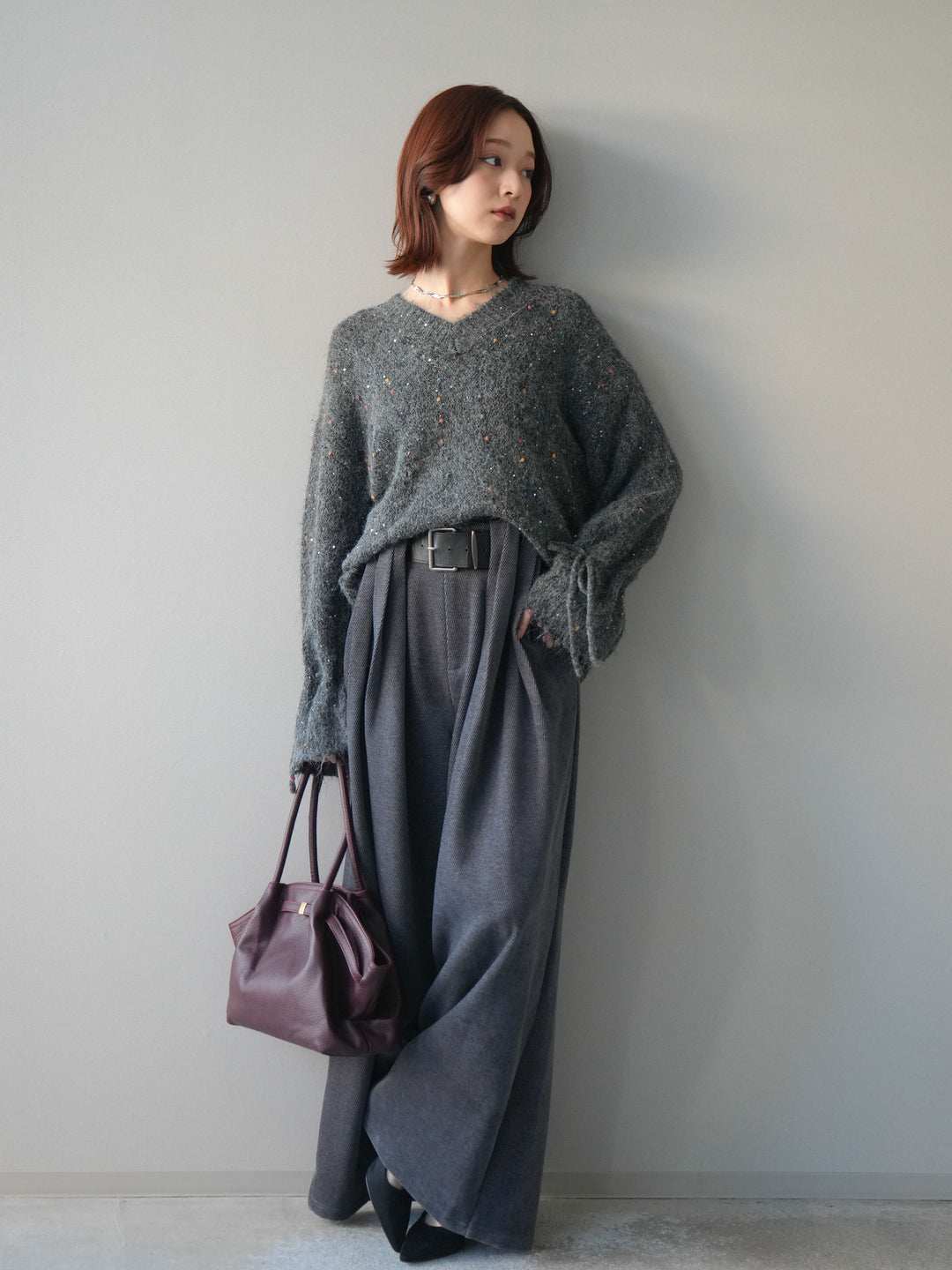 [予約]ベルトデザインループコールテンワイドパンツ(ベルト付き)/charcoal