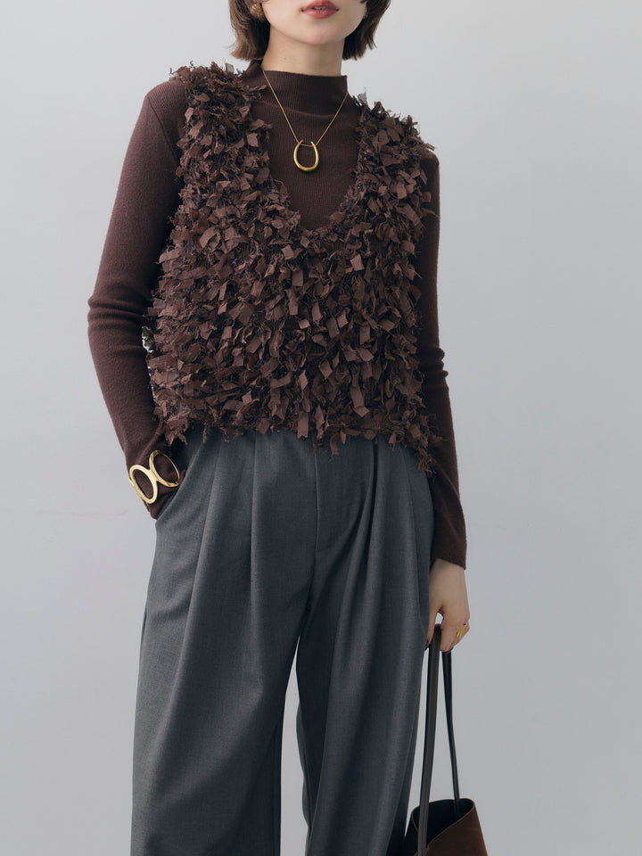 [SET]リボンフリンジベスト+ベルトデザインツータックドレープワイドパンツ(2set)