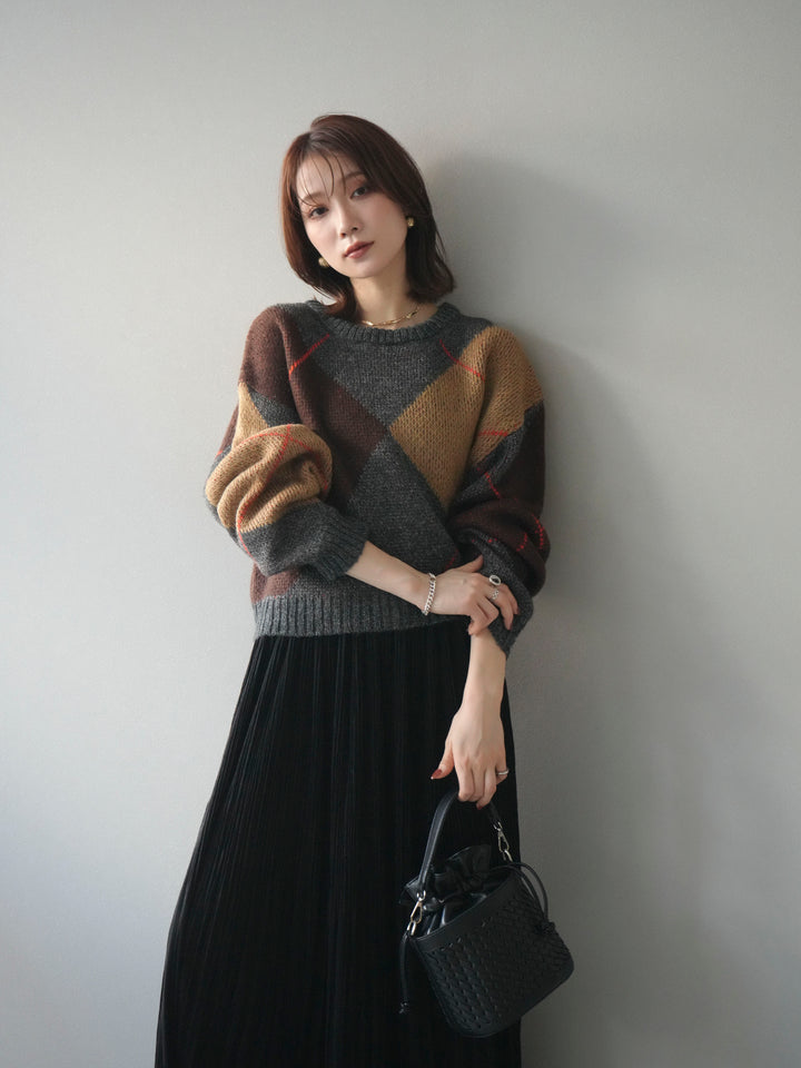 [SET]配色ステッチアーガイル柄ニットプルオーバー+選べるアクセセット(2set)