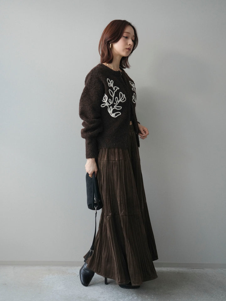 [SET]テープ刺繍ホック開きブークレニットカーディガン+ベロアティアードワッシャースカート(2set)