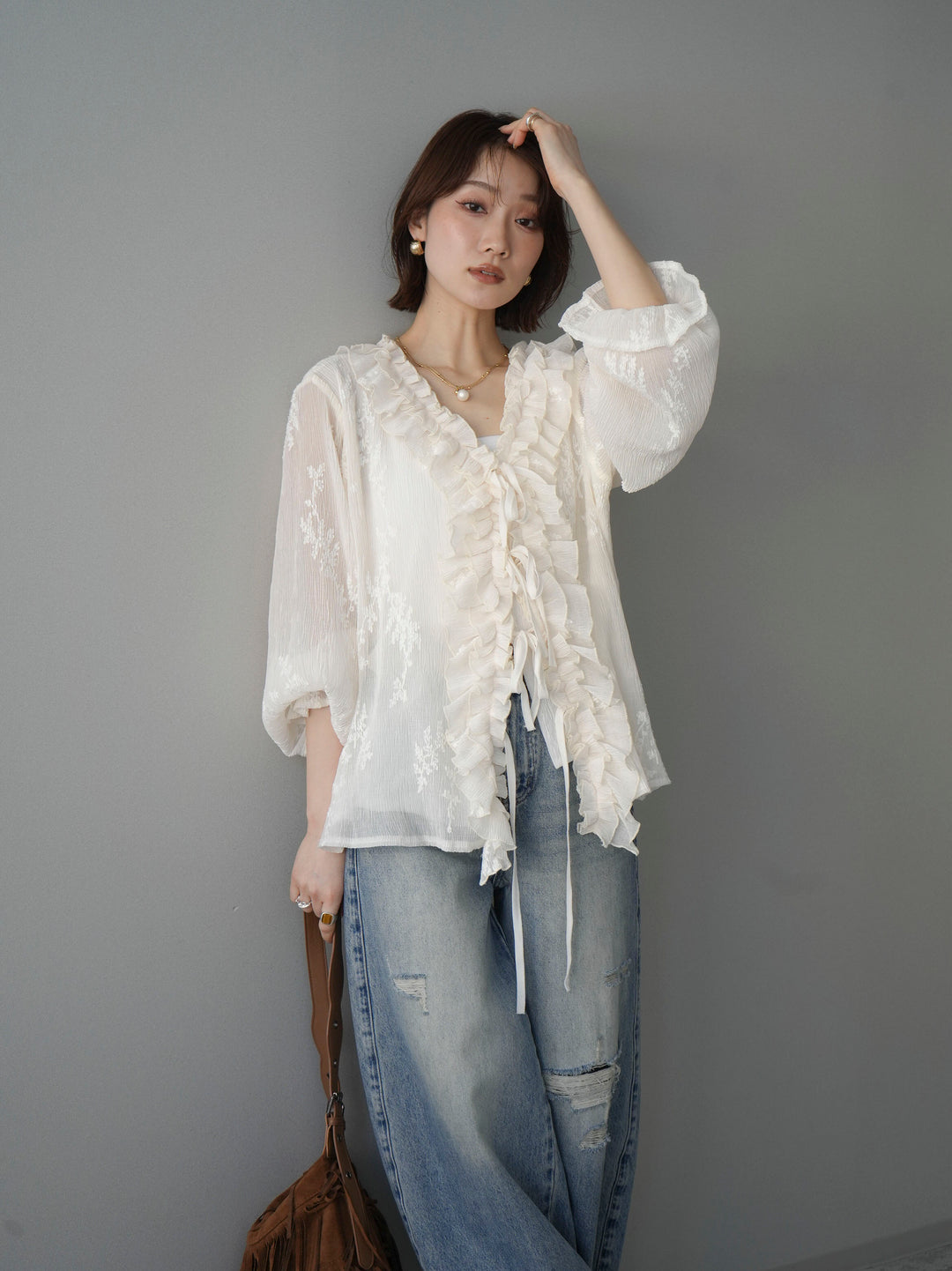 [SET]楊柳ラッフルフリルカーディガン+選べるアクセセット(2set)