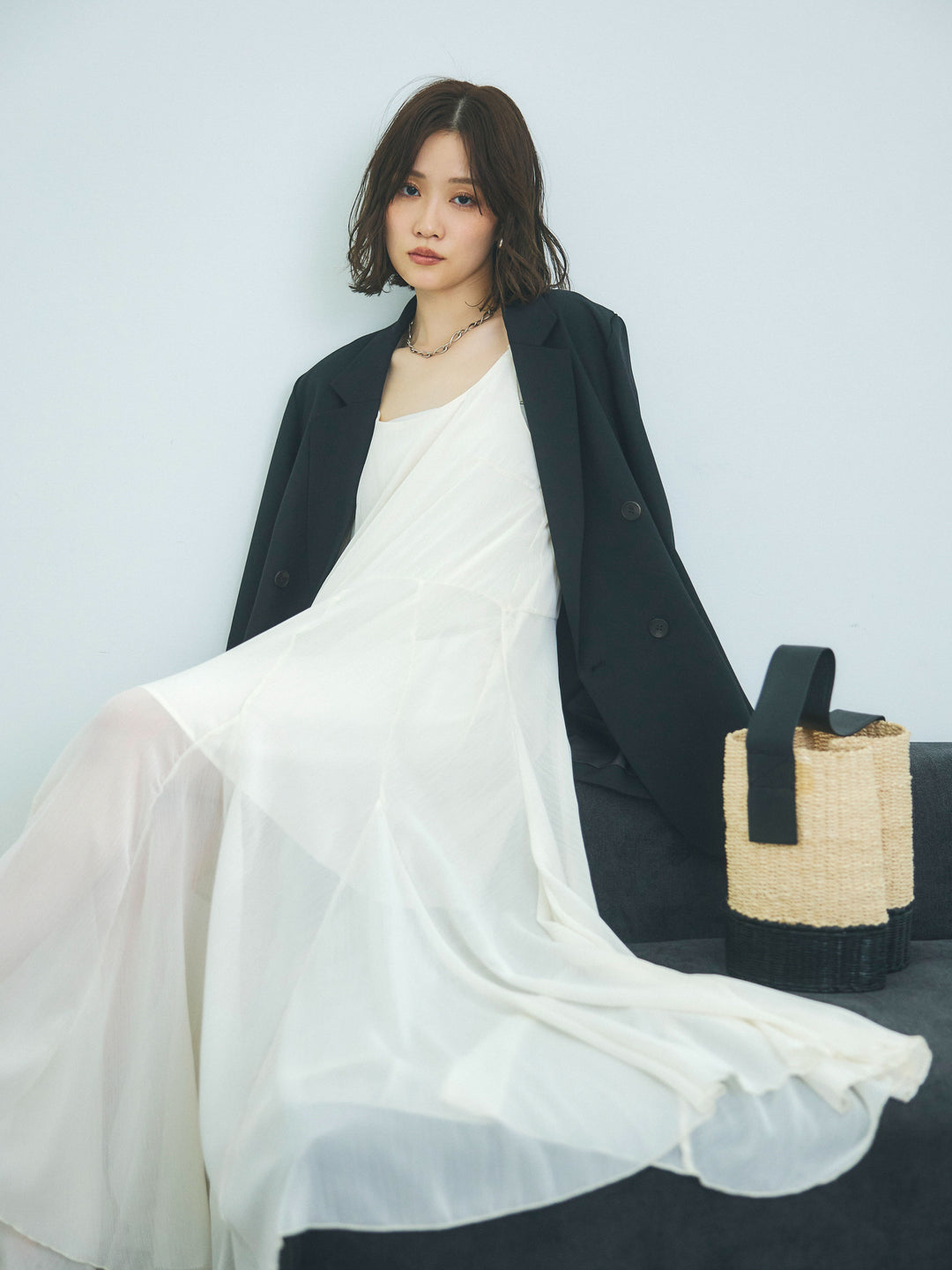 【魅力】[套裝] 蝴蝶結薄紗吊帶連身裙 + 蝴蝶結薄紗吊帶連身裙（兩件套裝）