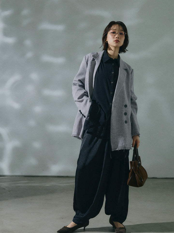 【Allure】[SET]スラブツイードフリンジテーラージャケット+ワッシャーサテンタックジョガーパンツ(2set)