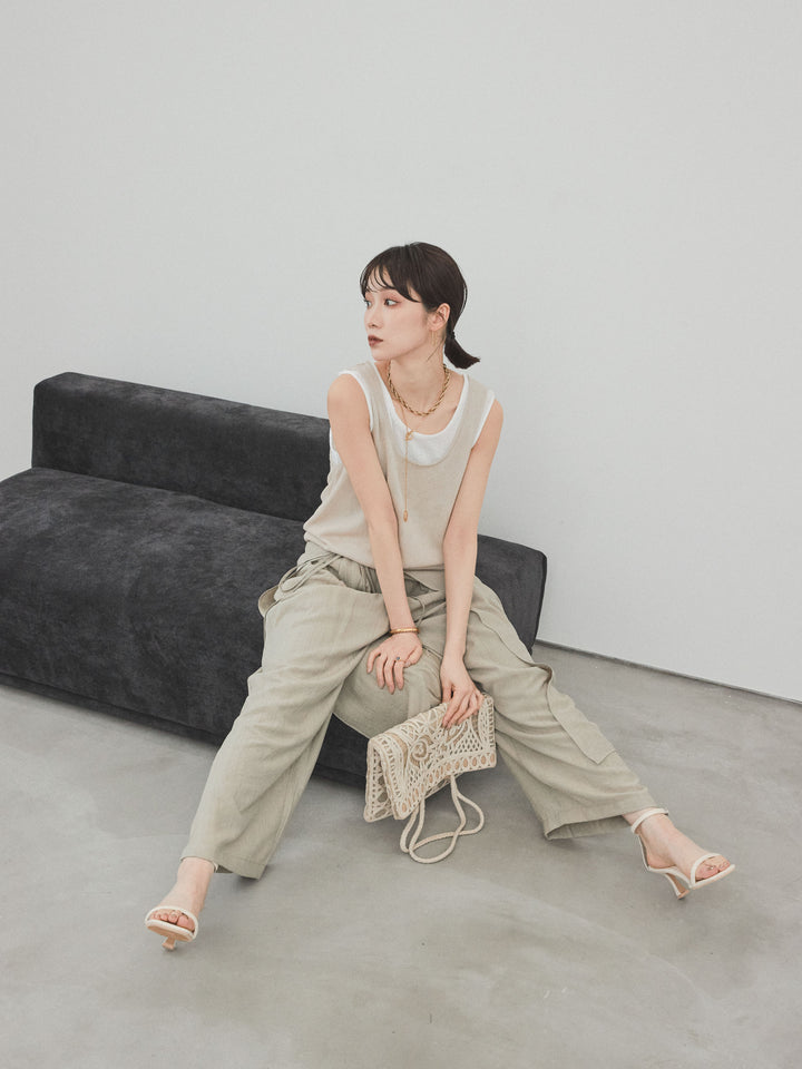 [SET]バイカラーレイヤードニットタンクトップ+ワッシャーサテンレイヤードスカートパンツ(2set)