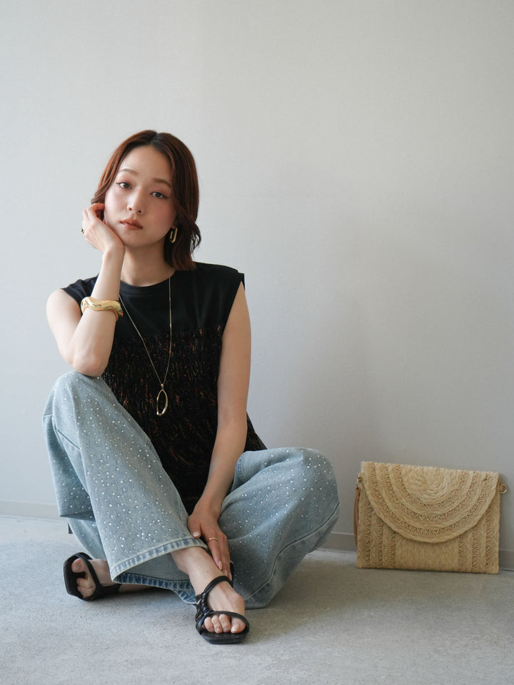 [予約]チュールプリントノースリーブトップス/black