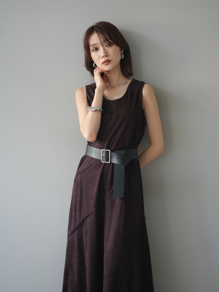 [予約]スエードアウトシームデザインベルト付ワンピース/bordeaux