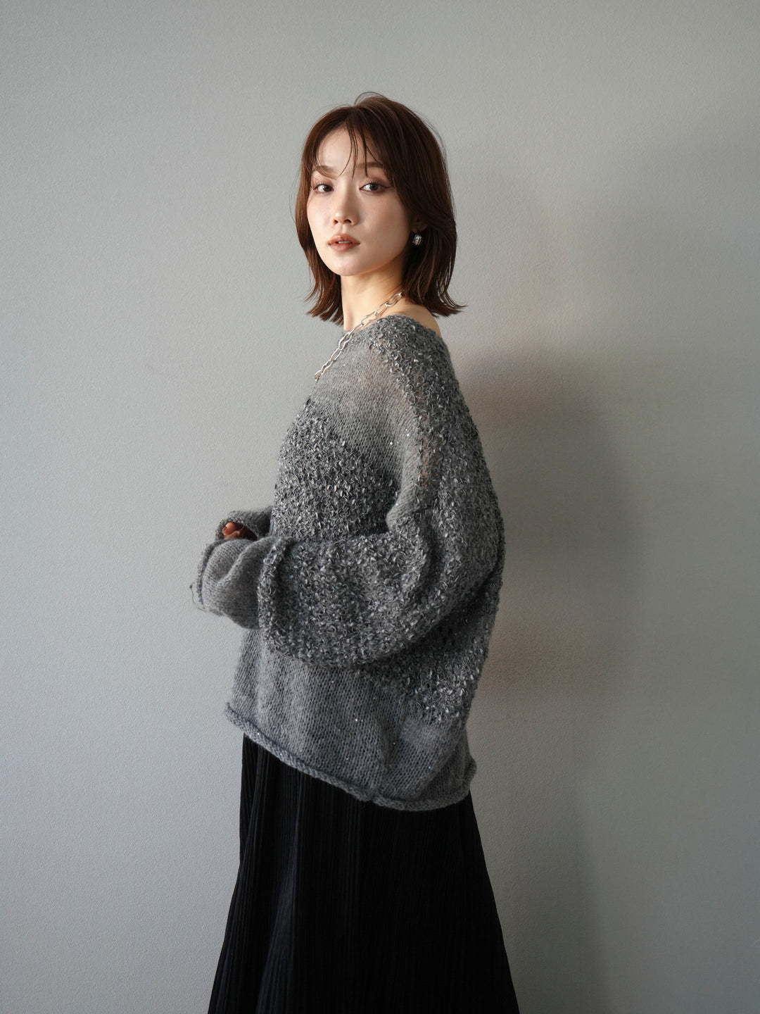 [予約]ミックスヤーンデザイン編みメッシュニットプルオーバー/グレー