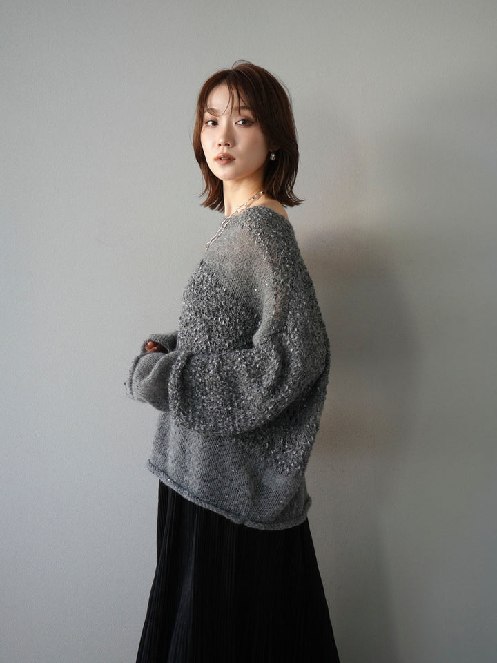 [予約]ミックスヤーンデザイン編みメッシュニットプルオーバー/グレー