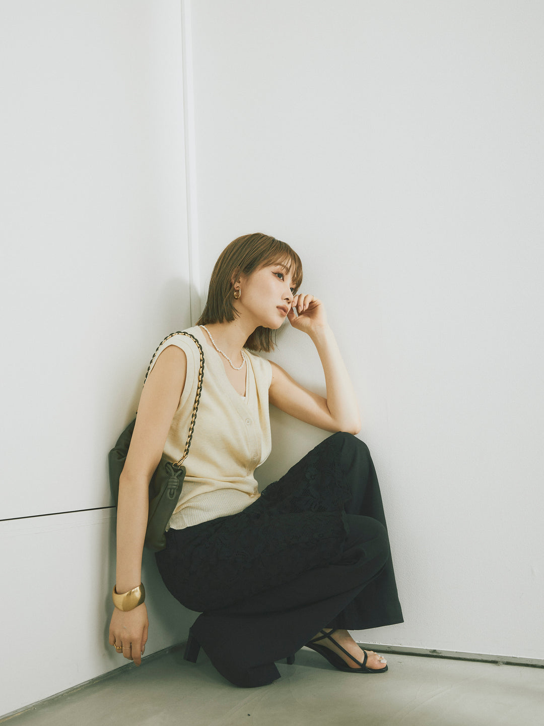 [SET]2WAYデザインニットベスト+レイヤードスカートセットフレアパンツ(2set)